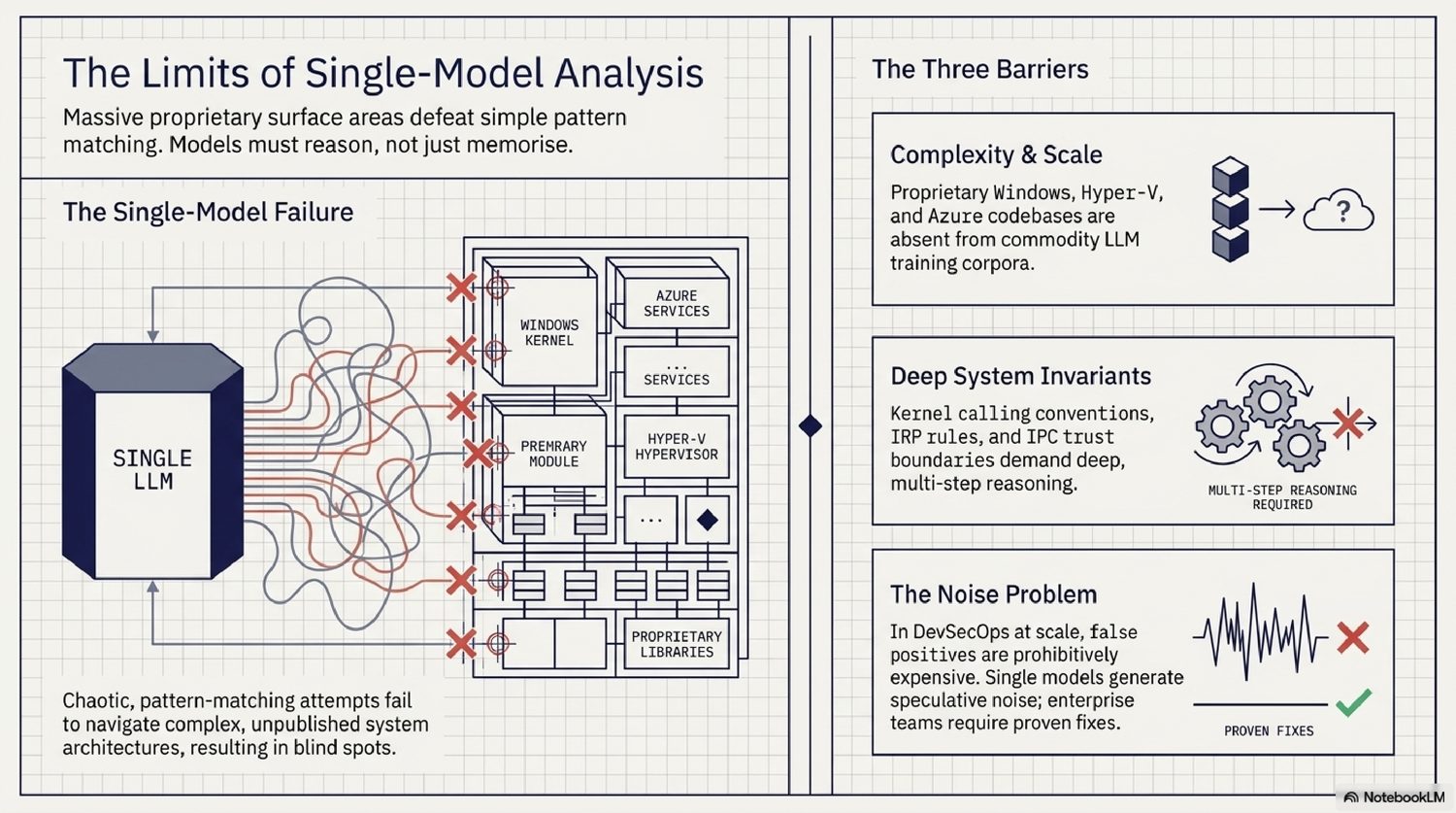 The limits of single-model analysis — three barriers: complexity and scale, deep system invariants, and the noise problem