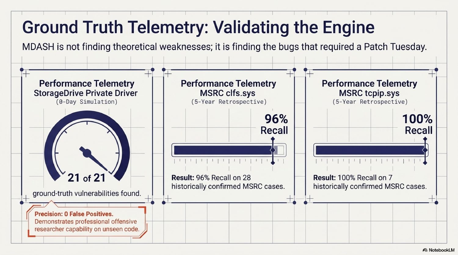 Ground-truth telemetry — 21 of 21 vulnerabilities found with zero false positives; 96% recall on clfs.sys and 100% recall on tcpip.sys MSRC cases